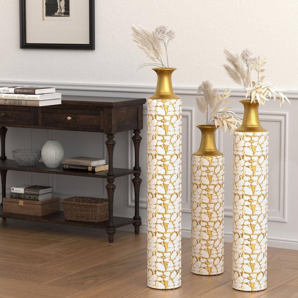 Vintage Gold Floor Large Decorative Antique Worn Vases Set of 3 for Decor L
