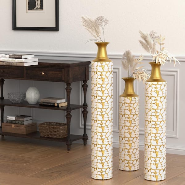 Unbranded Vintage Gold Floor Large Decorative Antique Worn Vases Set of 3 for Decor Living Room and Dining Room