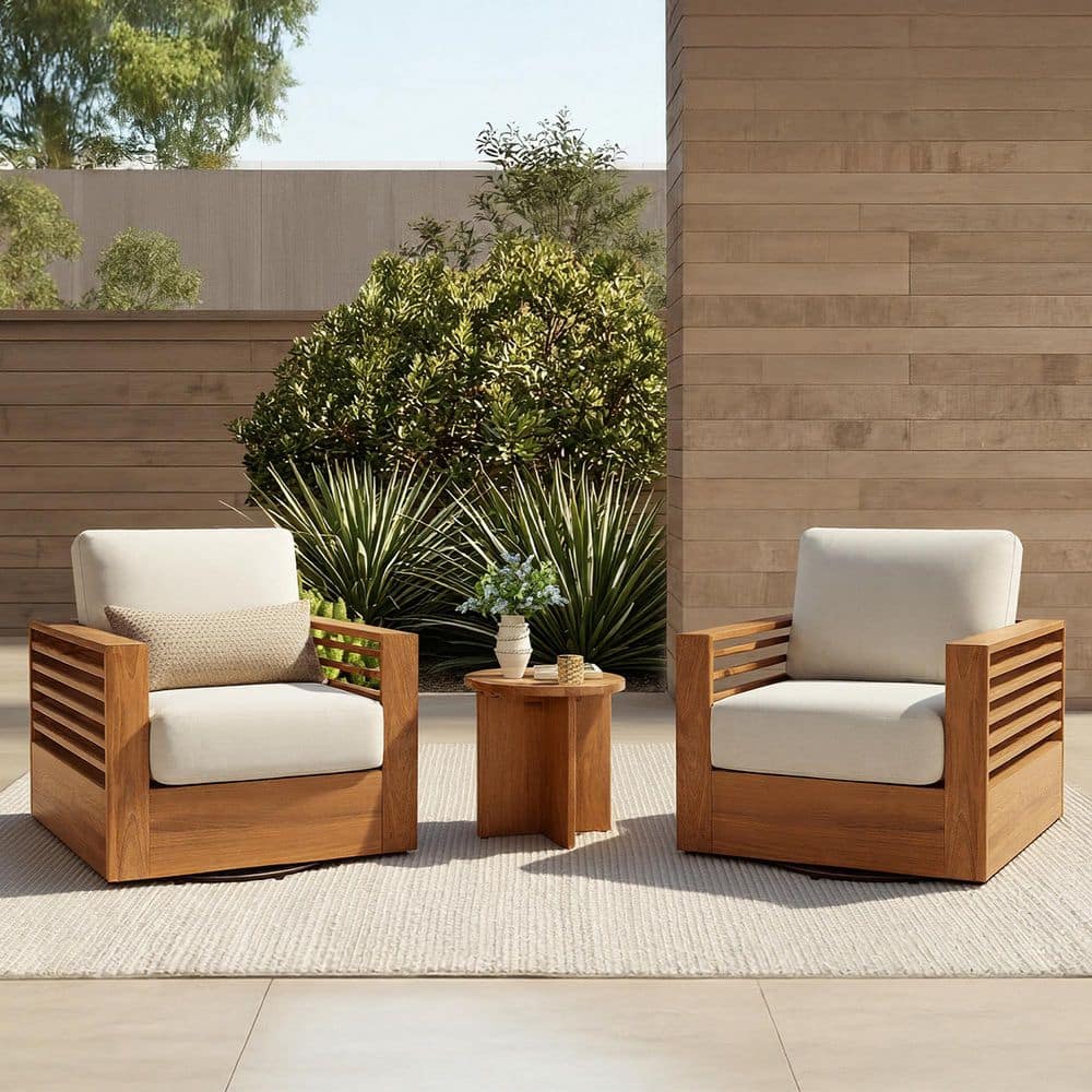 Islen 3-Piece Olefin Dark Brown Acacia Wood Patio Conversation Set with Cream 7.9“ Cushions,2 Swivel Chair,1 Side Table price history on PriceWatchPro