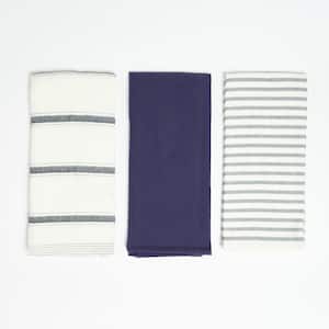 Navy Sold/Stripe Combo 100% Cotton Kitchen Towels (3 Piece Set)