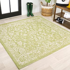 Tela Bohemian Textured Weave Floral Green/Cream 5 ft. Square Indoor/Outdoor Area Rug