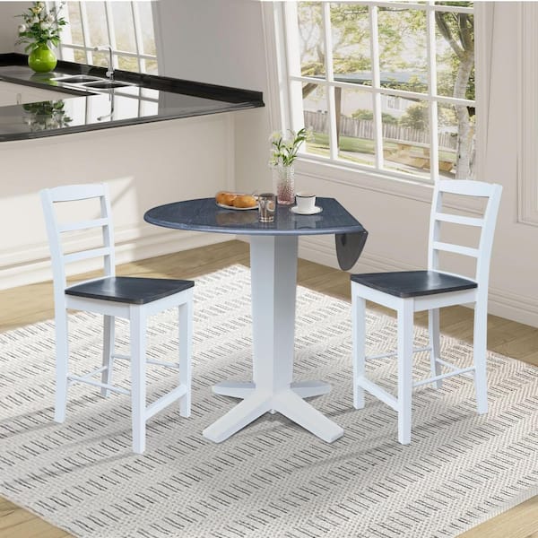 Lyla 3-Piece 42 in. Round White/Heather Gray Counter-Height Solid Wood Top with 2-Madrid Stools Dining Room Set Seats 2