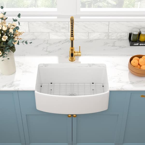 Sarlai White Ceramic 30 in. Single Bowl Round Corner Farmhouse Apron Kitchen Sink with Bottom Grid