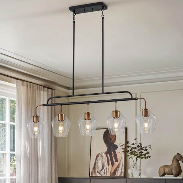 LLHZSY Dvorakova 43.98 in. 5-Light Black and Gold Kitchen Island Pendant with Rhomboid Glass Shades for Dining Room