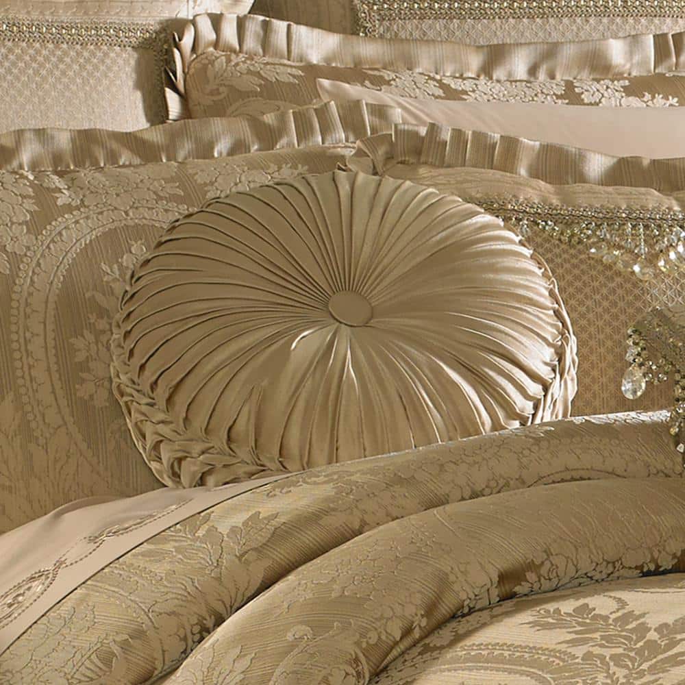 Gold Tufted Round Satin Throw Pillow