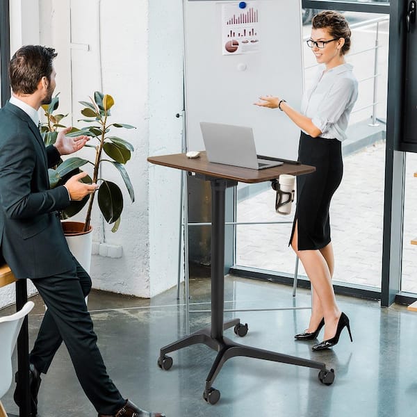 28 in. Pneumatic Standing Desk Tilting Adjustable Laptop Cart Mobile Podium Cup Holder