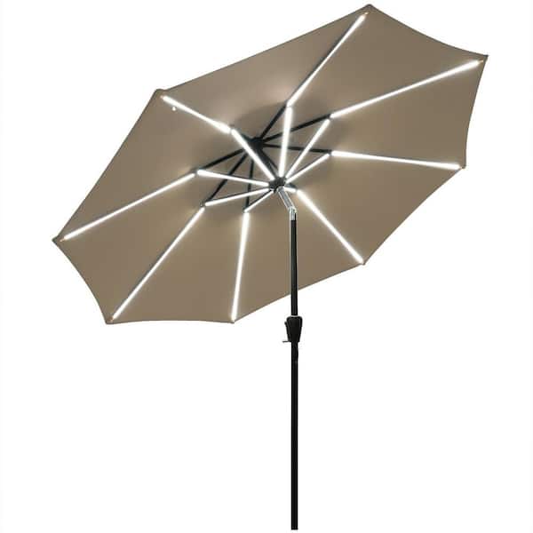 ANGELES HOME 9 ft. Iron Crank Lift Market Solar Panel Powered Strip Lights Tilt Patio Umbrella in Tan