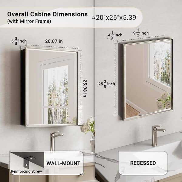 Musey 20 in W x 26 in H Brush Nickel Rectangular Aluminum Medicine Cabinet with Beveled Mirror, Recessed or Surface