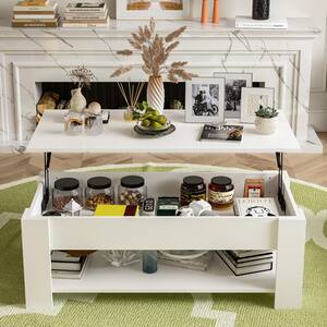 41.3 in. White Rectangle MDF Wood Lift Top Coffee Table with Hidden Storage Compartment and Storage Shelf
