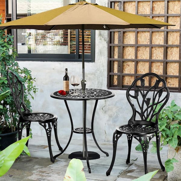 VINGLI Tulip Design Black 3-Piece Cast Aluminum Outdoor Bistro Set,  Rust-Resistant Bistro Chairs and Table with Umbrella Hole HD-G56001214