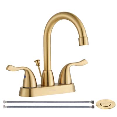 4 in. Centerset Double Handle High Arc Bathroom Faucet with Lift Rod Drain with Overflow and Supply Lines in Gold