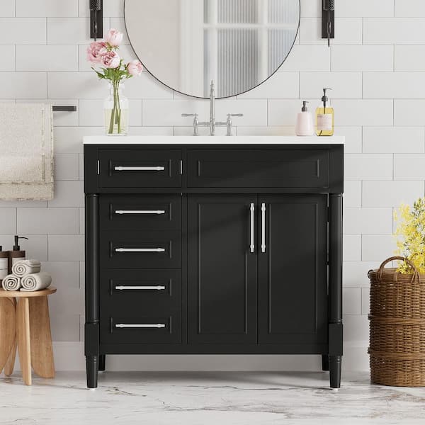 36 in. Single Sink Freestanding Black Bath Vanity with White Resin Top, Adjustable Shelf, Solid Wood Frame