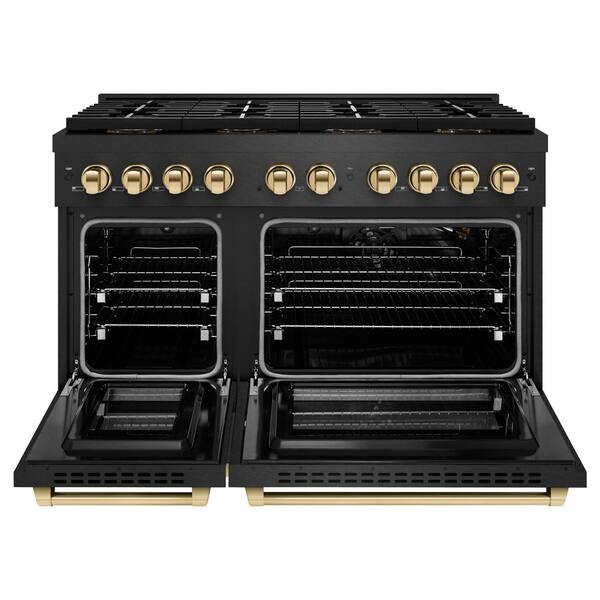 Autograph 48 in. 6.7 cu. ft. Paramount Gas Range with 8 Burner DuoPro Cooktop in Black Satin and Gold Accents