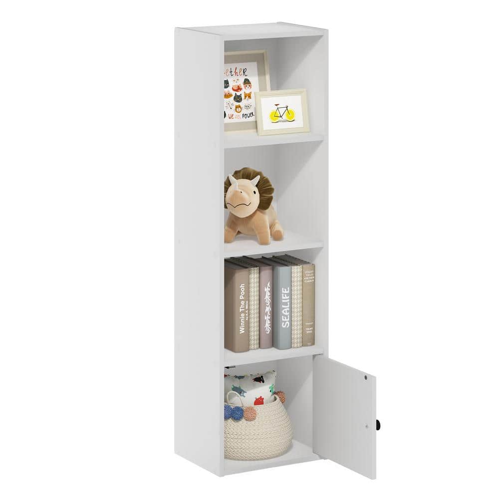 White Composite Wood 4-Tier Bookcase with Door Storage
