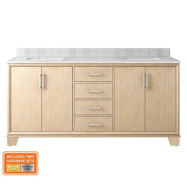 Nanterre 72 in. Double Sink Desert Birch Bath Vanity with White Natural Carrara Marble Top (Assembled)