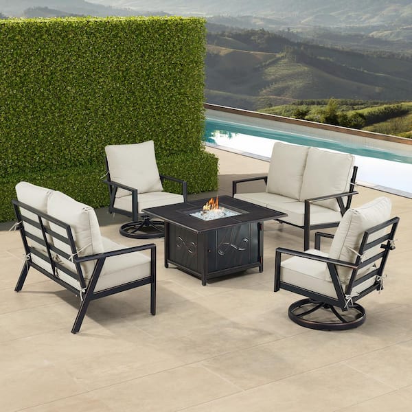 Oakland Living Black 6-Piece Aluminum Patio Fire Pit with 2-Deep Seating Loveseat and 2-Club Chairs Light Grey Cushions