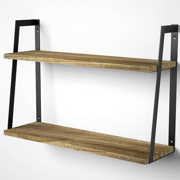 Cubilan 5.8 in. x 23.5 in. x15.6 in. Light Brown Wood 2-Tiers Floating Decorative Wall Shelves with Metal Brackets