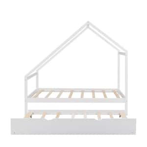 Wood White Twin Wooden House Bed with Twin Trundle