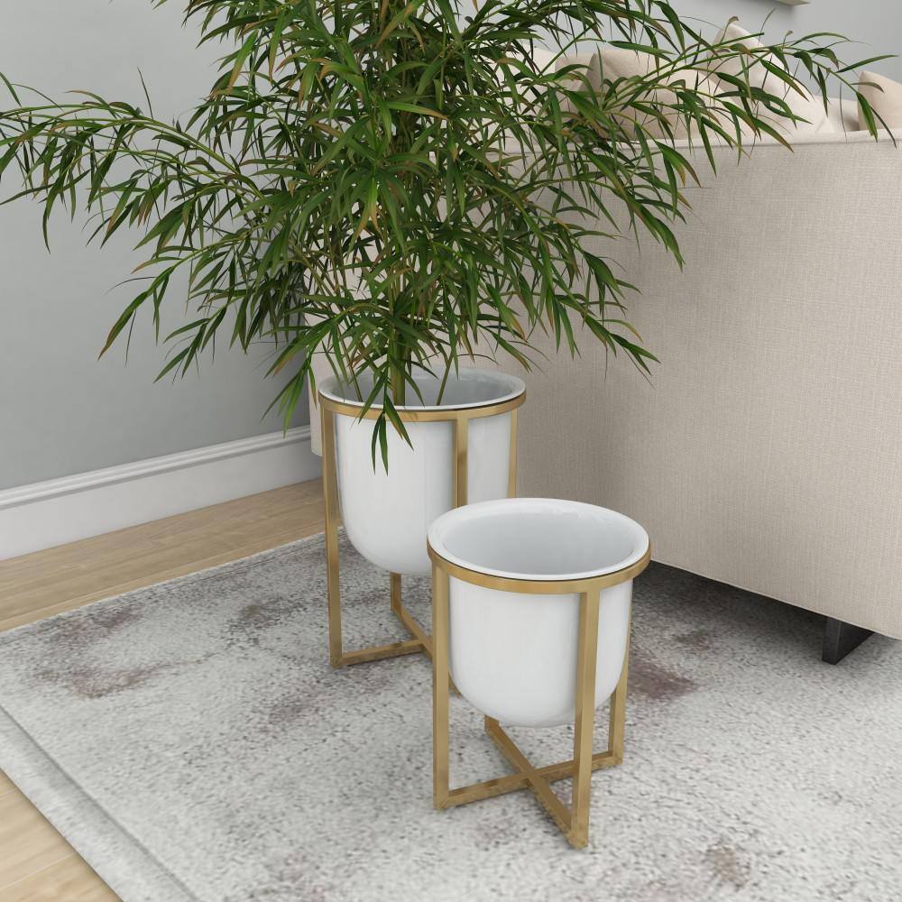 Contemporary White and Gold Metal Planter Set with Removable Stands