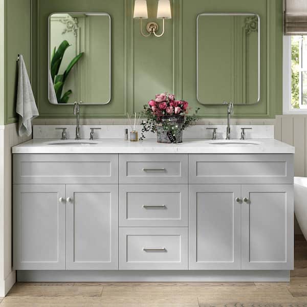 ARIEL Hamlet 72.25 in. W x 22 in. D x 36 in. H Double Oval Sink Bath Vanity in Grey with Carrara White Quartz Top