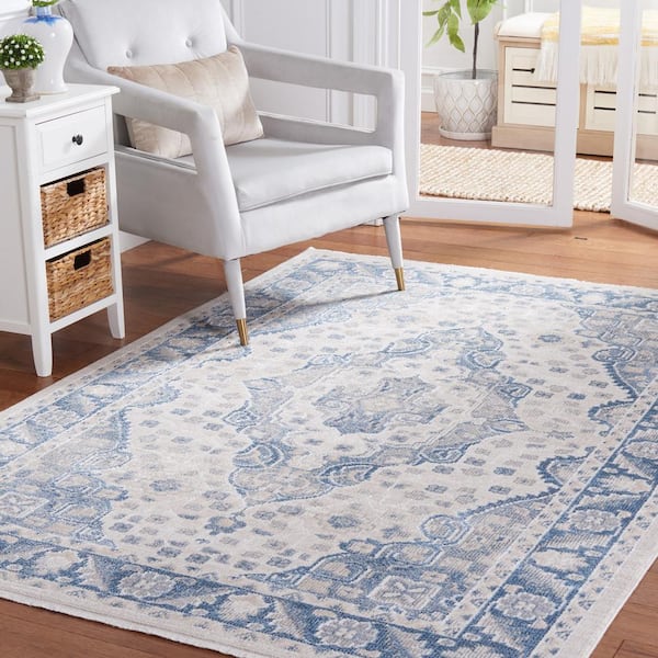 Blair Beige/Gray Blue 7 ft. x 7 ft. Machine Washable Medallion Ornate Square Area Rug