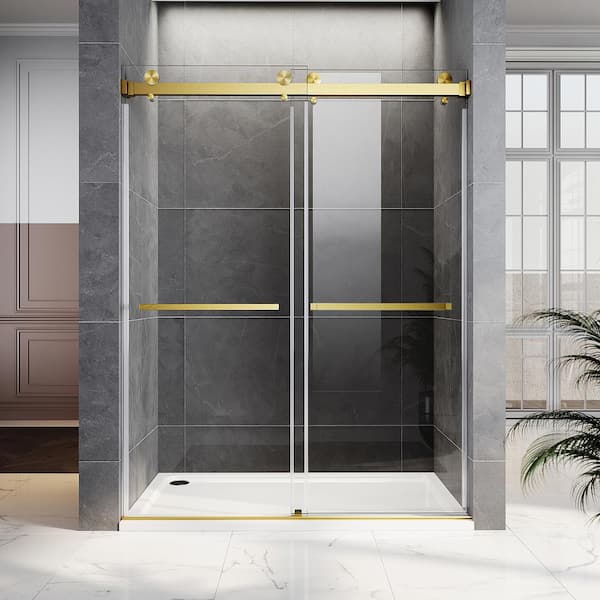 UKD01 66 to 72 in. W x 80 in. H Double Sliding Frameless Shower Door in Satin Brass, EnduroShield 3/8 in. Clear Glass
