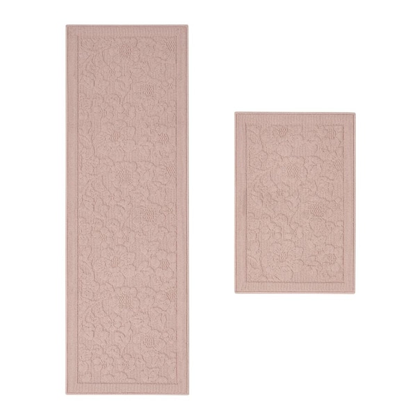 Rosemoor Pink 2 ft. X 6 ft. Floral Machine Washable 2-Piece Rug Set