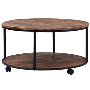 35.5 in. Rustic Brown Round Wooden Coffee Table with Caster Wheels and Wood Textured Surface