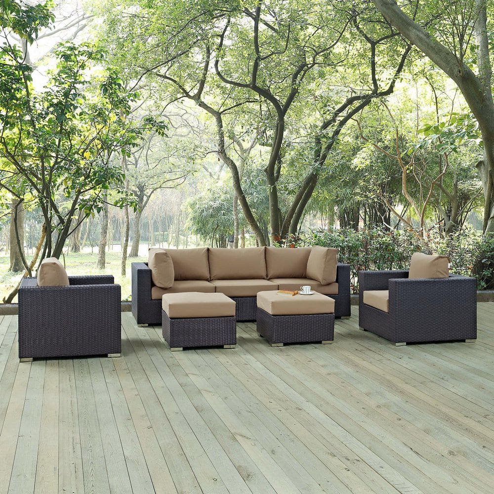 Convene Synthetic Rattan Wicker Weave Collection 7-Piece Outdoor Patio Sectional Set in Espresso Mocha