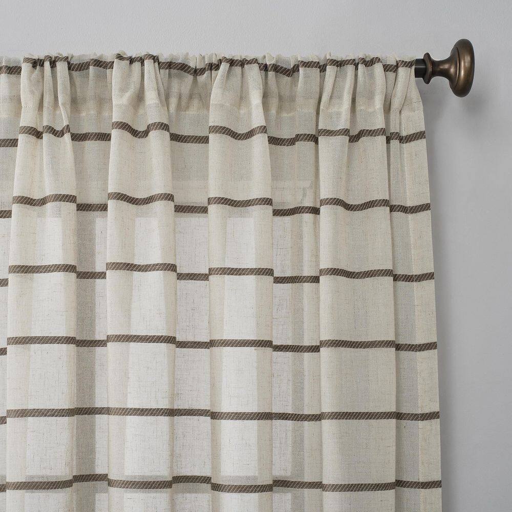 Mocha Linen Blend Sheer Twill Stripe Curtain Panel