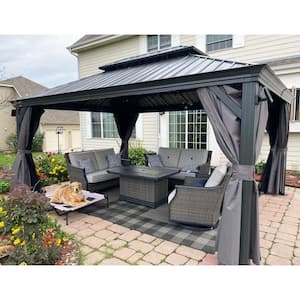 10 ft. x 14 ft. Gray Aluminum Hardtop Gazebo Canopy for Patio Deck Backyard Heavy-Duty with Netting and Curtains