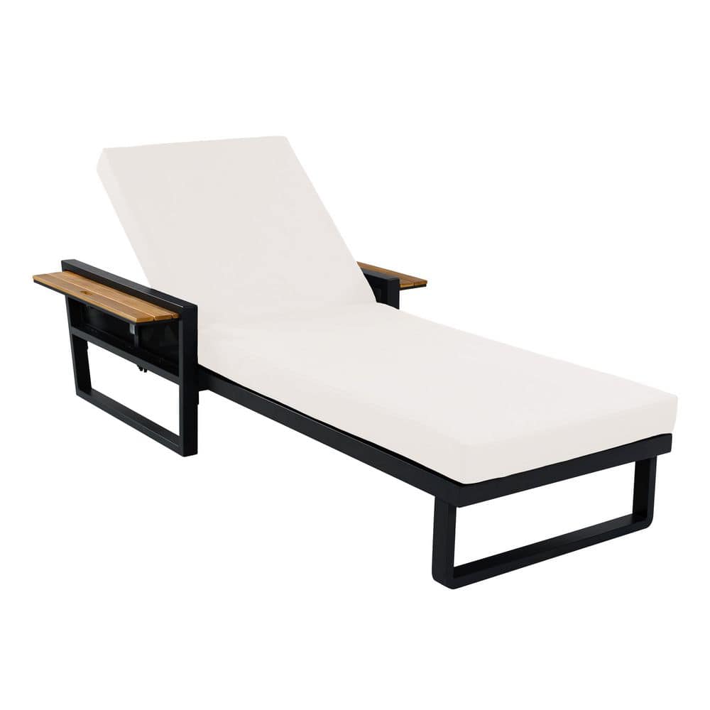 Abbie Black Metal and Textilene Adjustable Patio Outdoor Chaise Lounge with Cream Cushions, Foldable Arms price history on PriceWatchPro