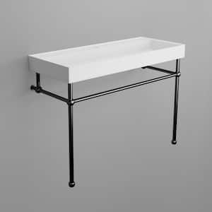 Solid surface White Console Sink Basin and Leg Combo with Black Stainless Steel Stand