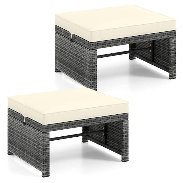 Costway Wicker Outdoor Ottoman Footstools with Removable White Cushions & Metal Frame (2-Pack)