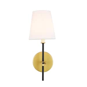 Timeless Home Mercy 5.5 in. W x 15 in. H 1-Light Brass and Black and White Shade Wall Sconce