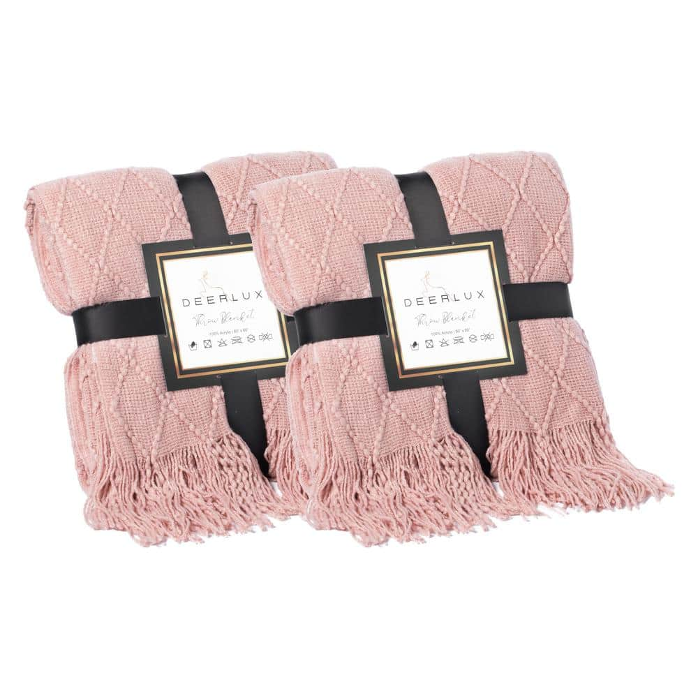 Pink Diamond Pattern Design Set of 2 Decorative Knit Throw Blanket, 50x60 in, Boasting a Durable and Fringe Edges -  Quickway Imports, QI003966.PK.2