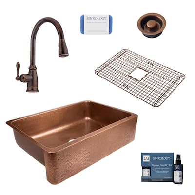 Lange All-in-One Farmhouse Copper Sink 32 in. Single Bowl Kitchen Sink with Pfister Faucet and Disposal Drain in Bronze