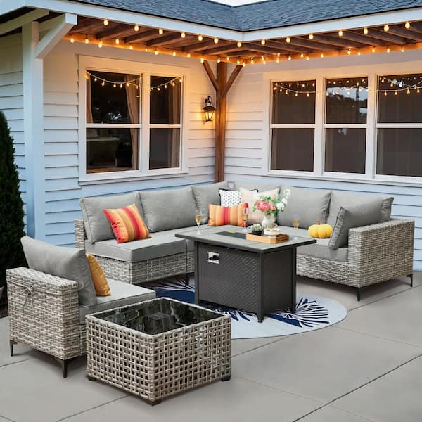 OVIOS Supery Gray 8-Piece Wicker Rectangle Fire Pit Patio Conversation Set with Dark Gray Cushions