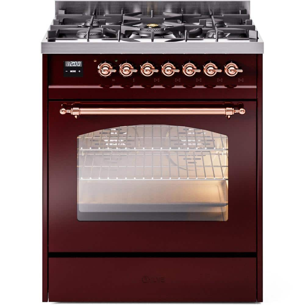 Nostalgie II 30 in. 5-Burner Freestanding Dual Fuel Range in Burgundy with Copper Trim -  ILVE, UP30NMPBUP