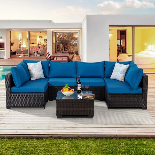 7-Piece Brown Wicker Outdoor Sofa Sectional Set with Peacock Blue