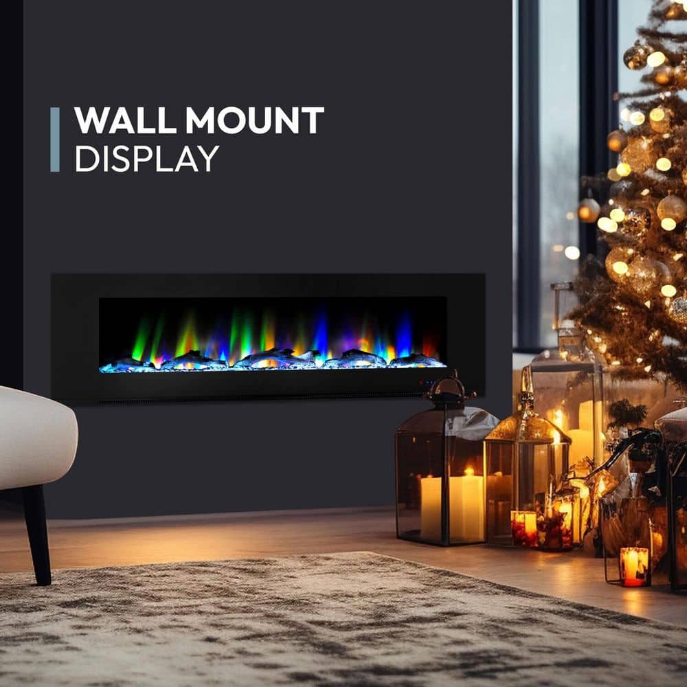 72-Inch Black Wall Mount Electric Fireplace with Multicolor LED Flames