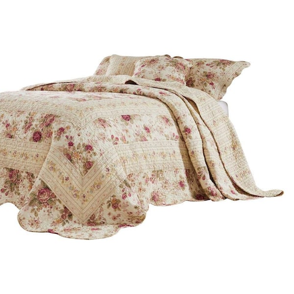 Benjara Rosle Cream and Pink Floral Print Scalloped Cotton Queen Bedspread Set