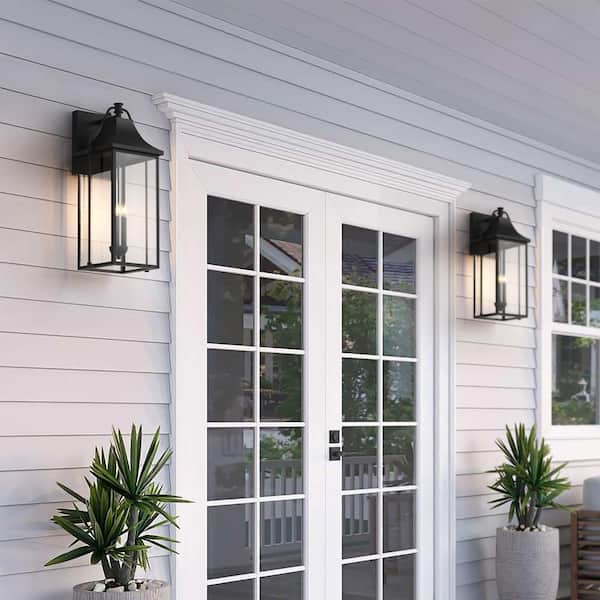 Hawaii 25 in. H 3-Bulb Black Hardwired Outdoor Wall Lantern Sconce with Dusk to Dawn
