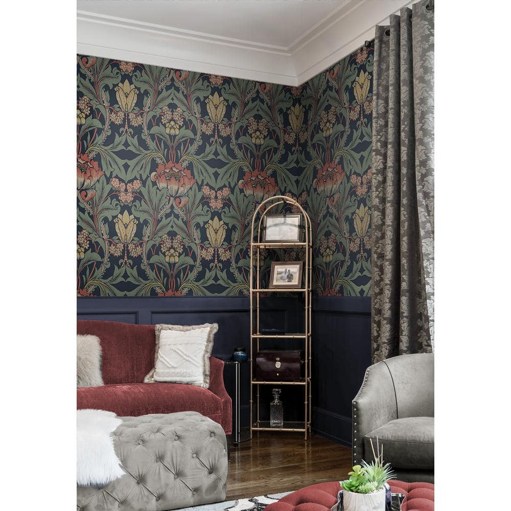 Denim Blue and Auburn Floral Peel and Stick Wallpaper