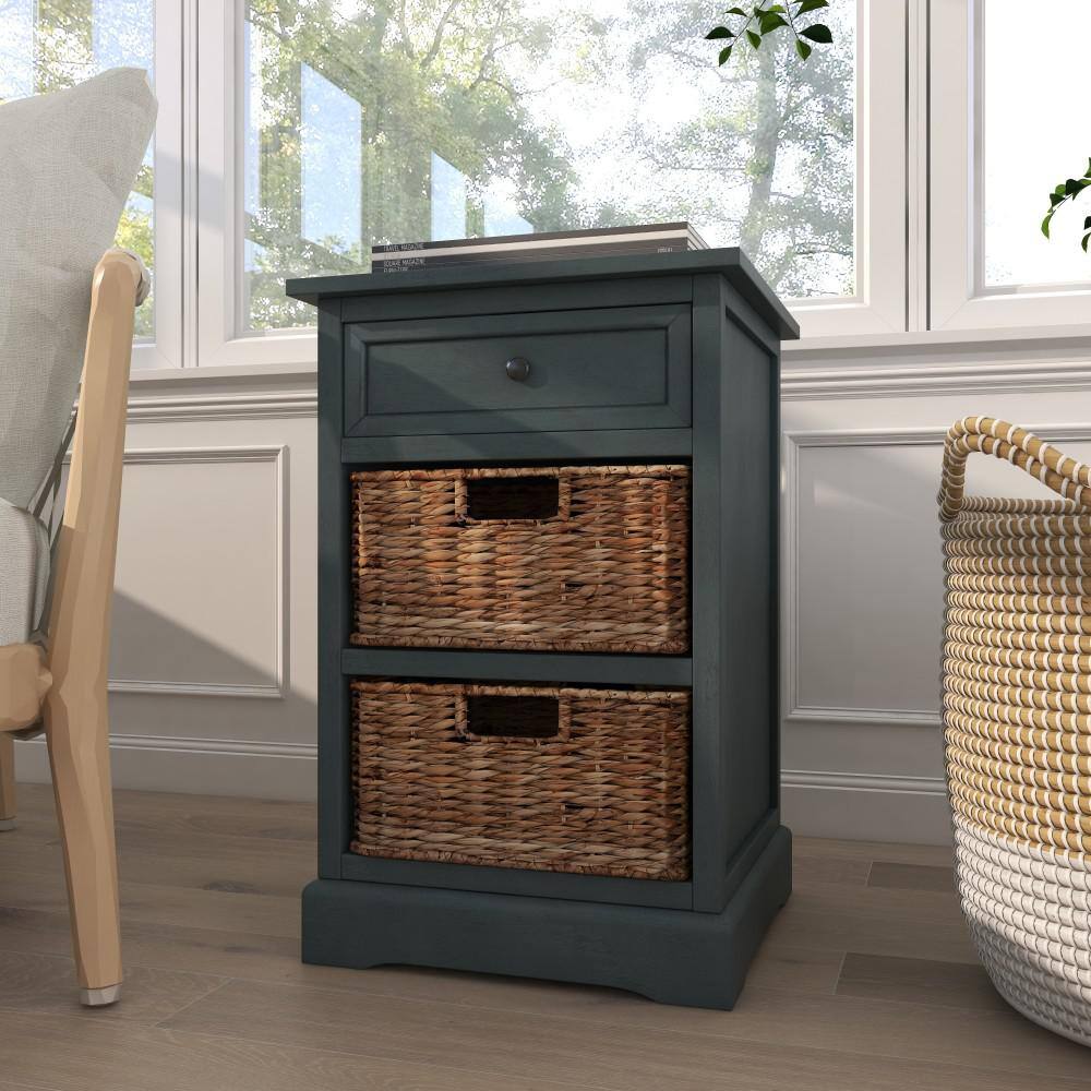 Teal Solid Wood Rectangular Side Table with Seagrass Baskets and Drawer