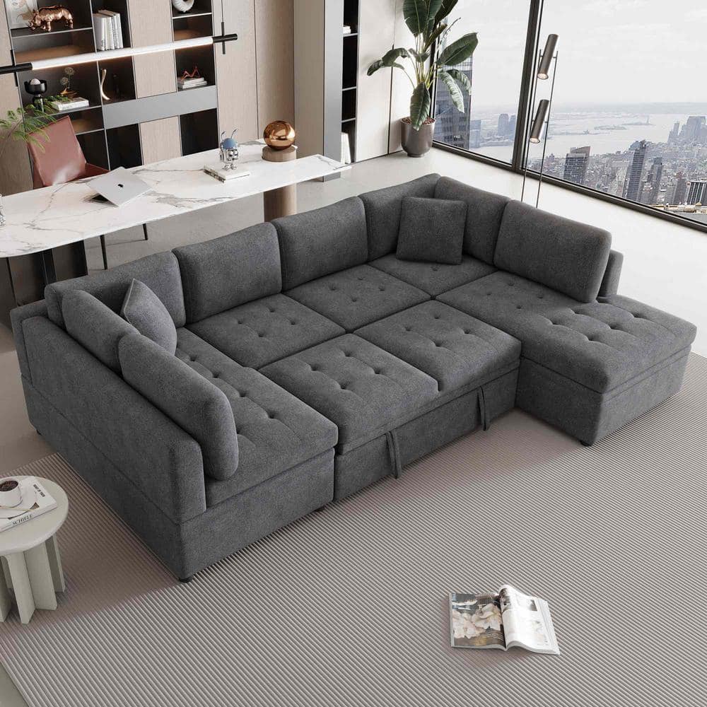 Polibi 117.3 in. Square Arm Chenille U-shaped Sectional Sofa in Gray ...
