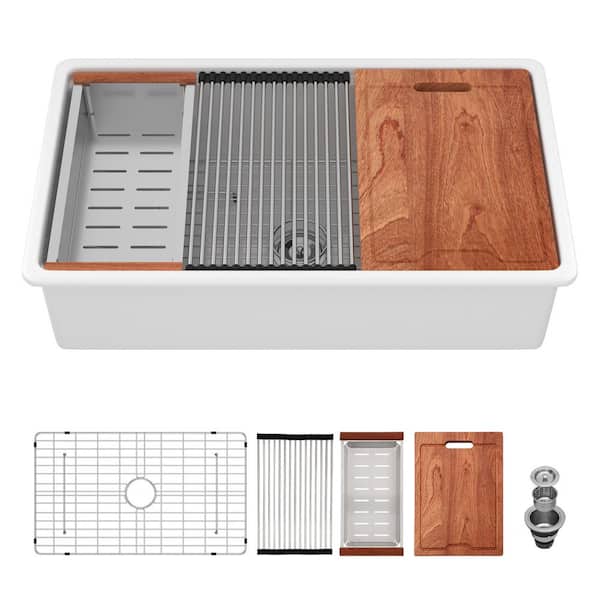 33 in. Undermount Single Bowl White Porcelain Ceramic Workstation Kitchen Sink with Bottom Grid and Strainer
