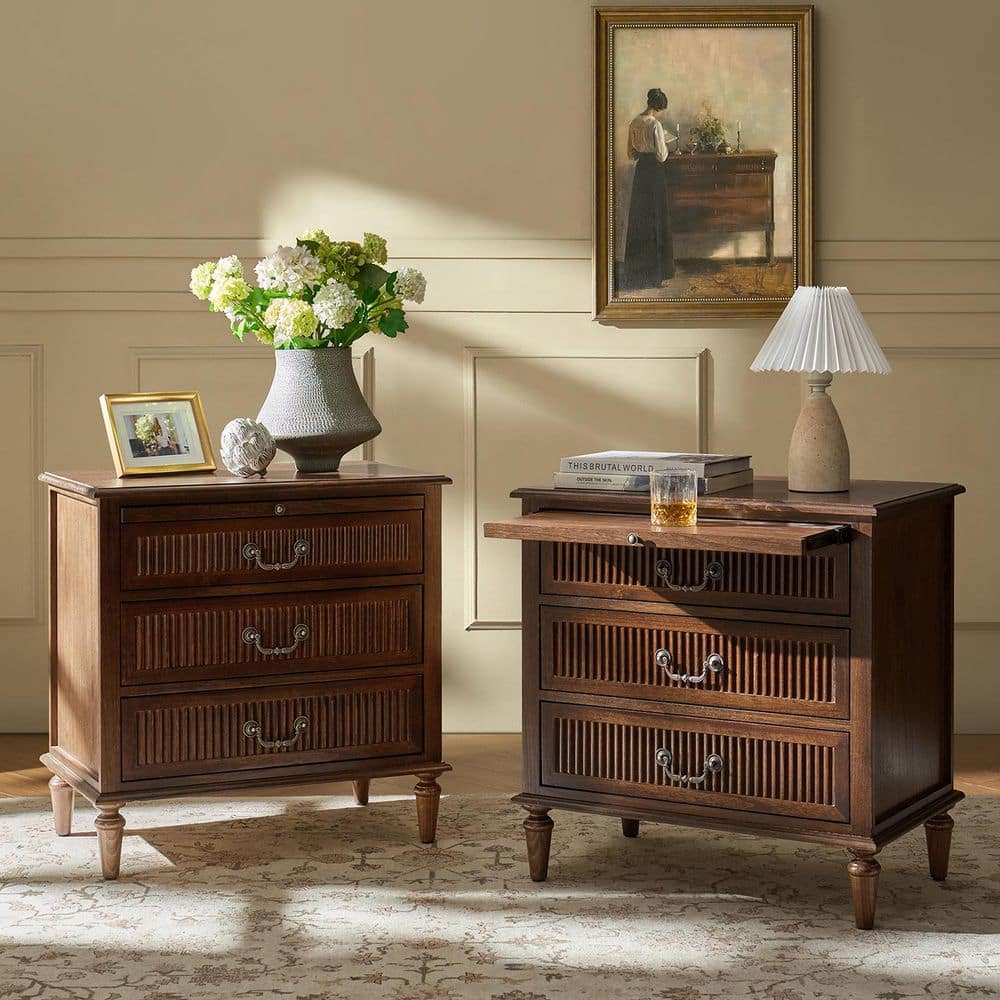 Weer Walnut Farmhouse Solid Wood 3-Drawer 26 in. W Nightstand (Set of 2)