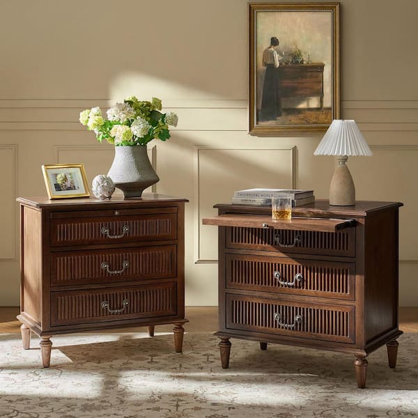 Weer Walnut Farmhouse Solid Wood 3-Drawer 23.6 in. W Nightstand Set of 2