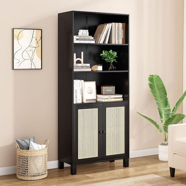 Black 301 in. Display Cabinet with Rattan Doors Tall Bookcase
